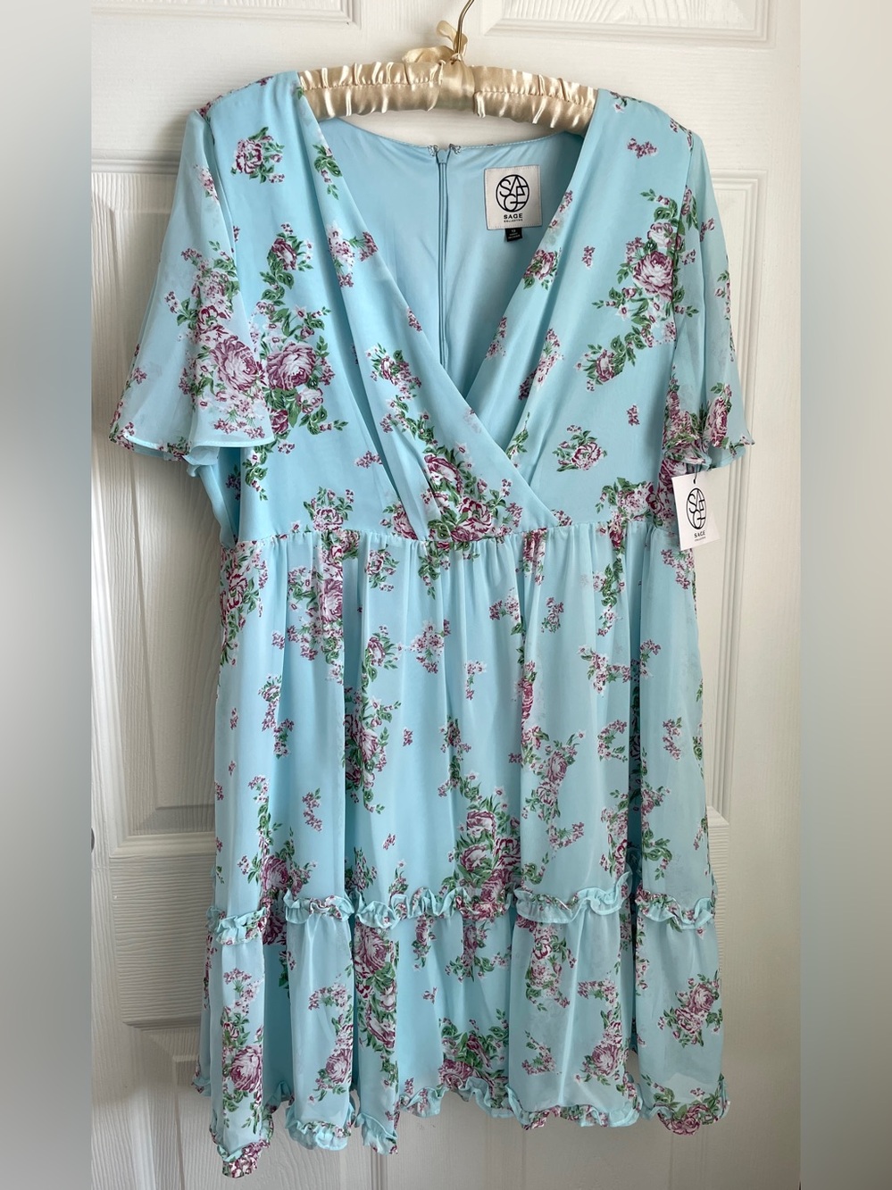 NWT Sage Collective Blue Floral Flutter Sleeve Dress 12 - Picture 2 of 12